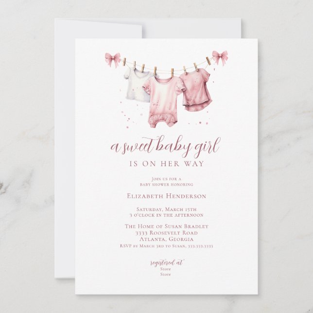 Girl BabyClothes Clothesline Baby Shower Invitation (Front)