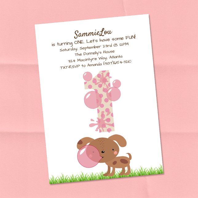 Girl Baby's First Birthday Puppy Bubble Gum Invitation (Creator Uploaded)