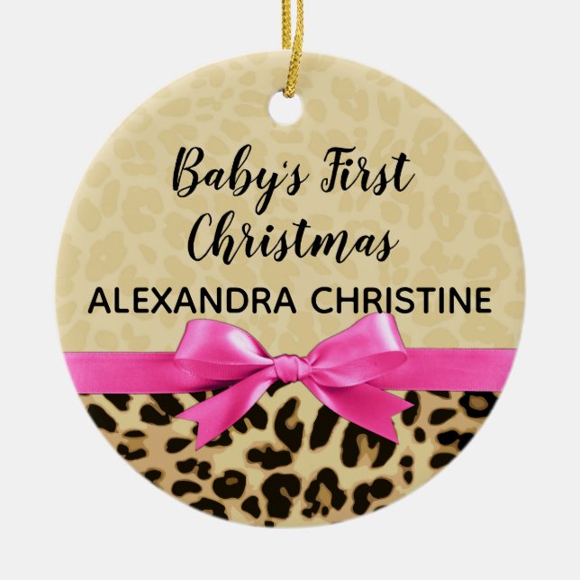 Girl Babys First Christmas Leopard Print Pink Bow Ceramic Tree Decoration (Front)