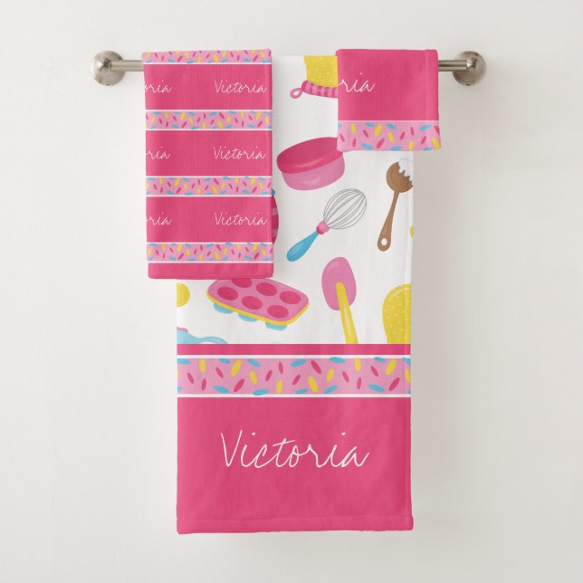 Girl Baker Pink Cooking Pattern Chef Kid Bathroom Bath Towel Set (Insitu)