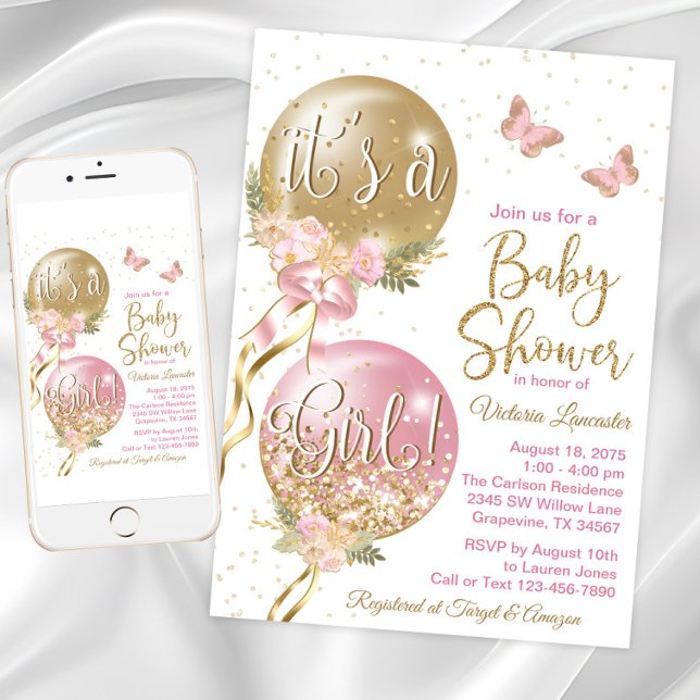 Girl Balloon Baby Shower Invitation (Girl balloon and butterfly pink and gold baby shower invitation. Digital and printed available.)
