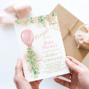Girl Balloon Eucalyptus Gold Glitter Baby Shower I Invitation