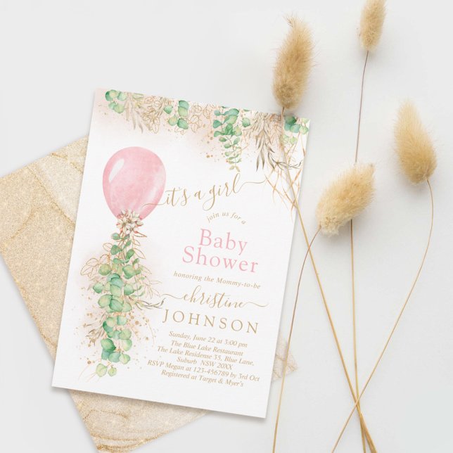 Girl Balloon Eucalyptus Gold Glitter Baby Shower I Invitation (Creator Uploaded)