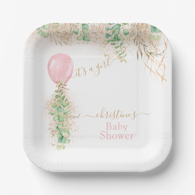 Girl Balloon Eucalyptus Gold Glitter Baby Shower Paper Plate (Front)