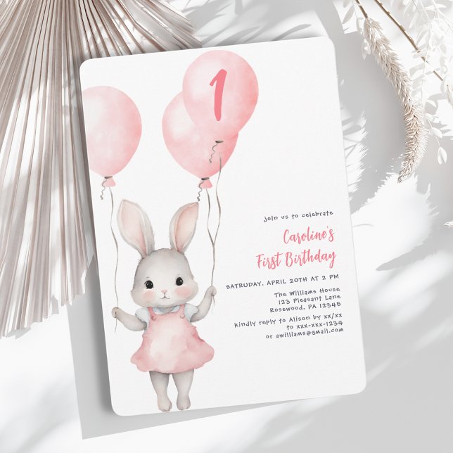 Girl Balloon First Birthday Invitation (Creator Uploaded)