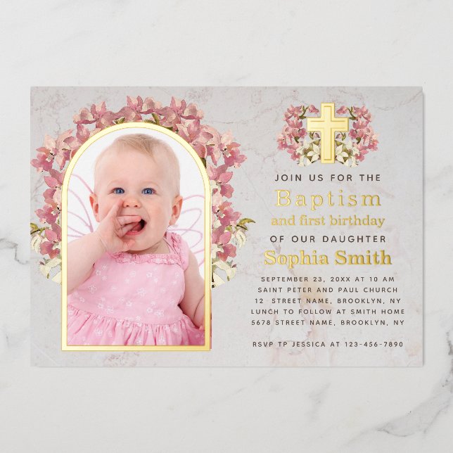 Girl Baptism 1st Birthday Photo Pink Orchids Gold (Front)