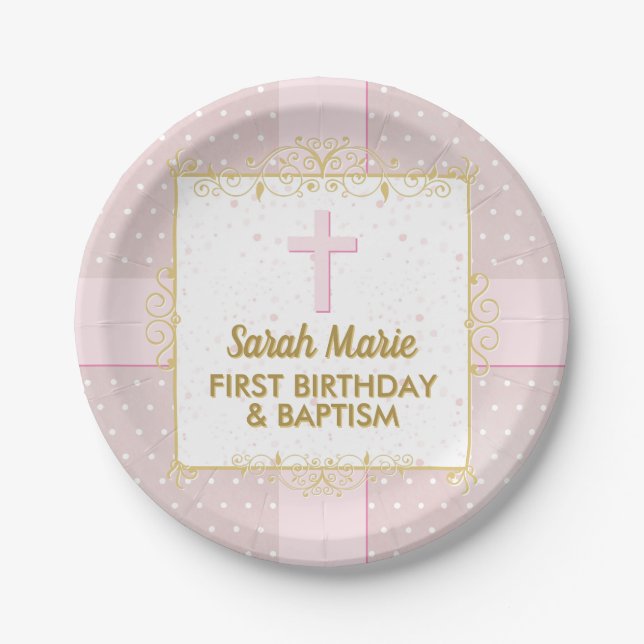 Girl Baptism 1st Birthday Pink Gold Text Polka Dot Paper Plate (Front)
