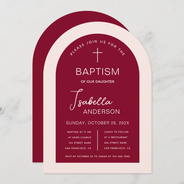 Girl Baptism Arch Burgundy Pink Modern Script Invitation (Front/Back)