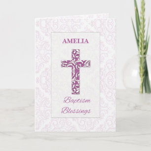 Girl Baptism Blessings Pink Cross Damask Swirls Card