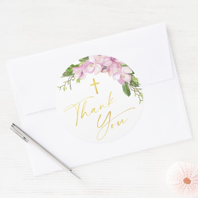 Girl Baptism Blush Pink Flowers Gross Thank You Classic Round Sticker (Envelope)