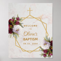 Girl Baptism Burgundy Peonies Marble Gold Welcome