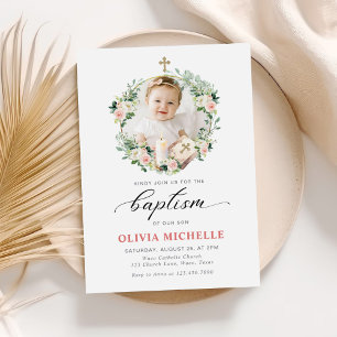 Girl Baptism Christening Floral Photo Invitation