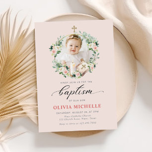 Girl Baptism Christening Floral Photo Invitation