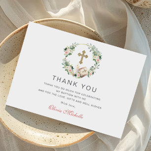 Girl Baptism Christening Floral Photo Thank You Card
