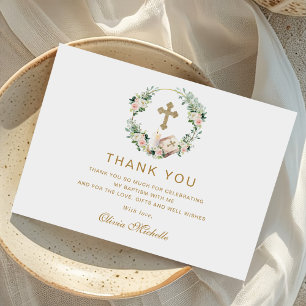 Girl Baptism Christening Floral Photo Thank You Card