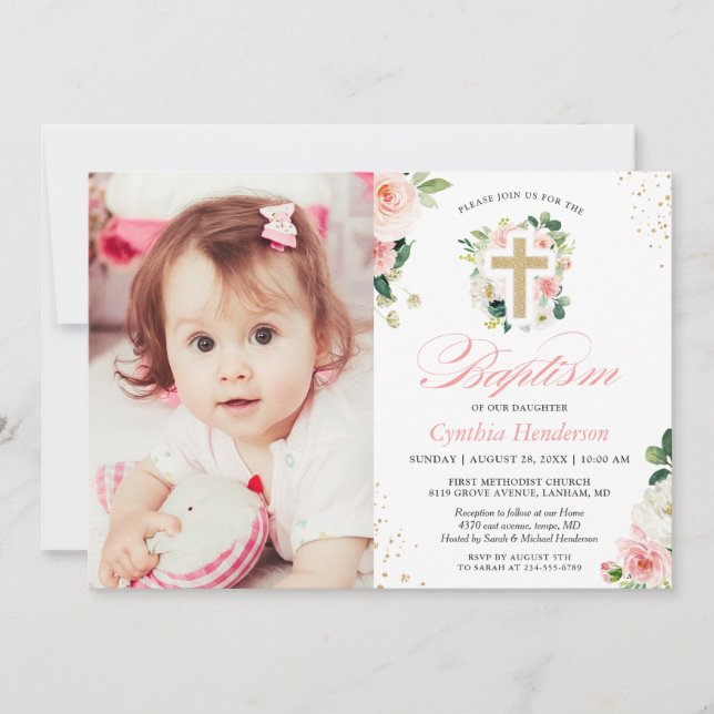 Girl Baptism Christening Photo Blush Pink Floral Invitation (Front)