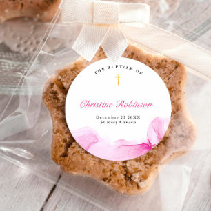 Girl Baptism Christening Pink Ink Classic Round Sticker
