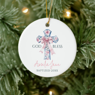 Girl Baptism Cross Bow Keepsake God Bless Custom Ceramic Tree Decoration