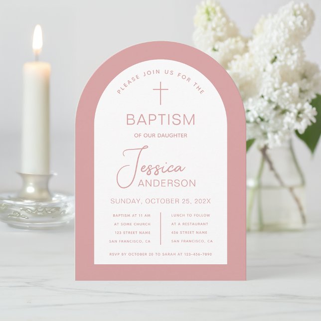 Girl Baptism Dusty Rose White Arch Modern Pink Invitation (Creator Uploaded)