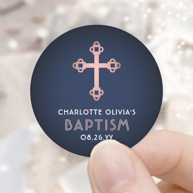 Girl Baptism Elegant Cross Navy and Pink Rose Gold Classic Round Sticker (Creator Uploaded)