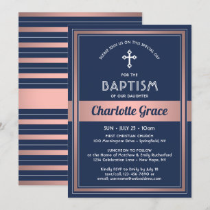 Girl Baptism Elegant Navy Blue Pink Rose Gold Invitation