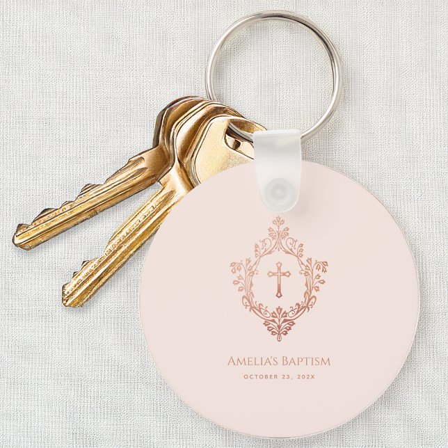 Girl Baptism Favours Pink Cross in Crest Rose Gold Key Ring (Creator Uploaded)