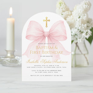 Girl Baptism & First Birthday Pink Bow Gold Cross  Invitation