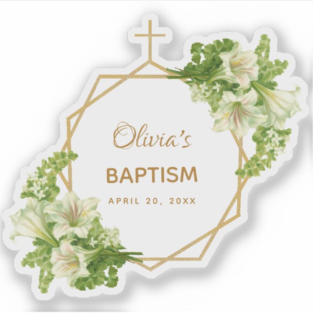 Girl Baptism Floral Gold White Lilies Geometric (Front)