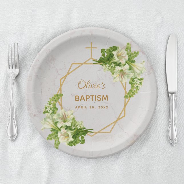 Girl Baptism Floral Lilies Gold Marble Geometric Paper Plate (Creator Uploaded)