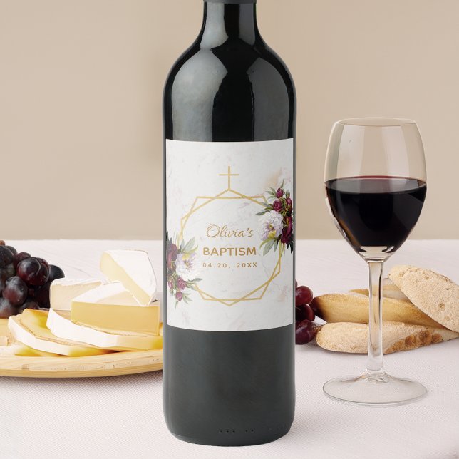 Girl Baptism Floral Marble Gold Peonies Butterfly Wine Label (Creator Uploaded)