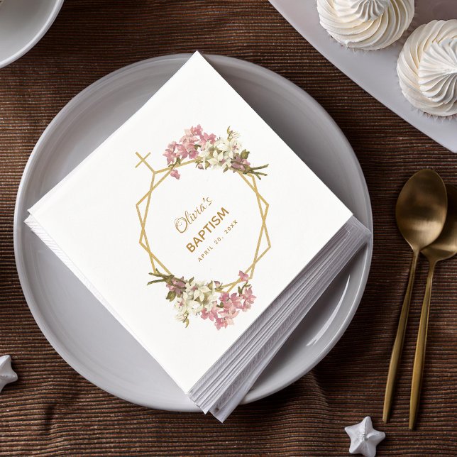 Girl Baptism Floral Orchids Gold Geometric Modern Napkin (Creator Uploaded)
