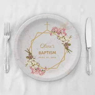 Girl Baptism Floral Orchids Gold Marble Geometric Paper Plate