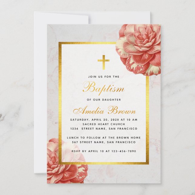 Girl Baptism Floral Pink Camellia Faux Gold Marble Invitation (Front)