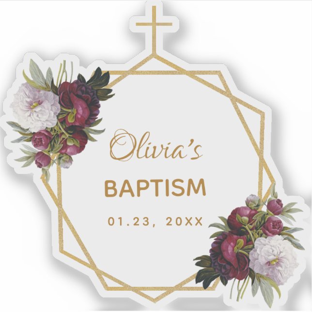 Girl Baptism Gold Cross Burgundy Peonies Floral (Front)