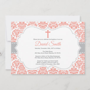 Girl Baptism Invitation Coral and Grey Damask