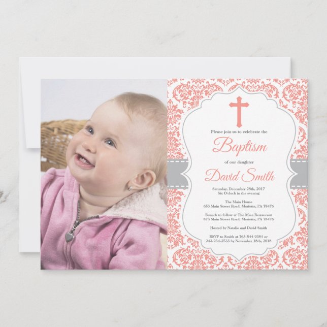 Girl Baptism Invitation Coral Red and Grey Damask (Front)