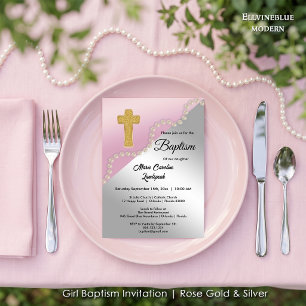 Girl Baptism Invitation Elegant Pearls Gold Cross