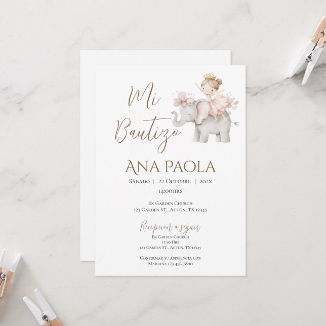 Girl Baptism Invitation in Spanish Boho (Front/Back In Situ)