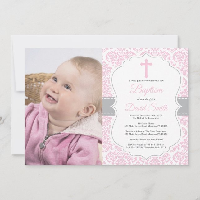 Girl Baptism Invitation Pink and Grey Damask (Front)