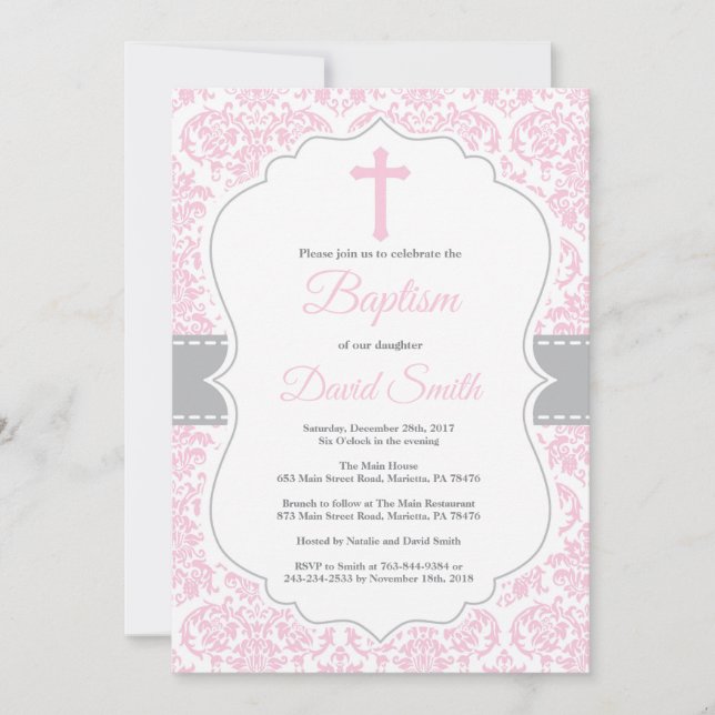 Girl Baptism Invitation Pink and Grey Damask (Front)