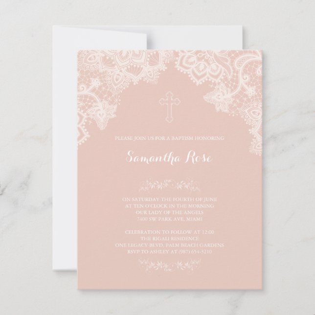 Girl Baptism Invitation Pink Lace (Front)