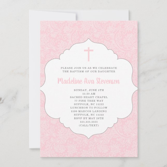 Girl baptism invitation | trendy pink damask (Front)