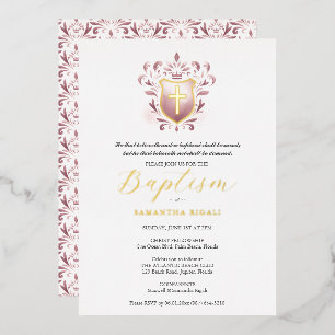 Girl Baptism Invitations Dusty Rose Crest