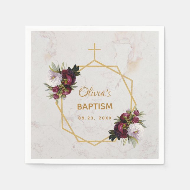 Girl Baptism Marble Gold Burgundy Peonies Floral Napkin (Front)