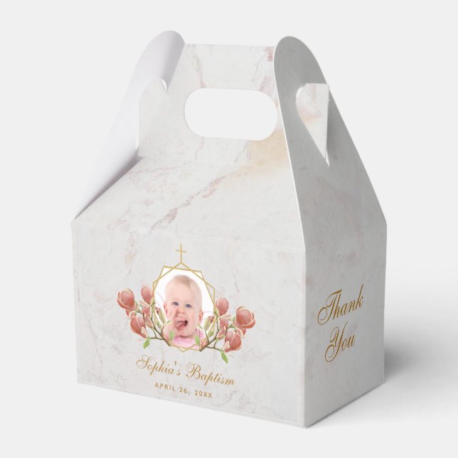 Girl Baptism Photo Marble Pink Magnolia Floral Favour Box (Front Side)