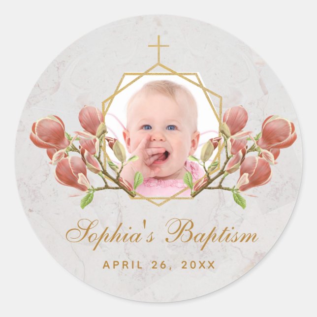 Girl Baptism Photo Pink Magnolia Floral Geometric Classic Round Sticker (Front)