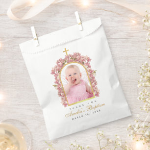 Girl Baptism Photo Pink Orchids Faux Gold Arch  Fa Favour Bags