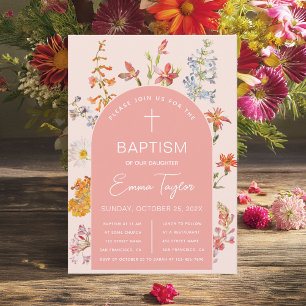 Girl Baptism Pink Arch Wildflowers Watercolor Invitation