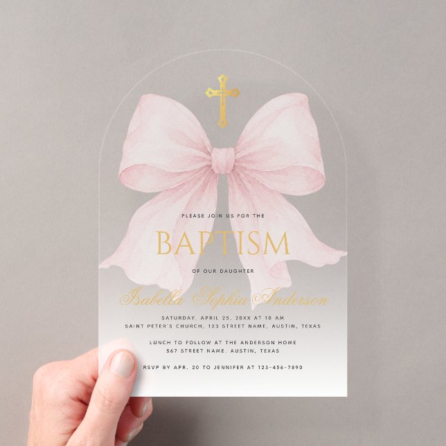 Girl Baptism Pink Bow Faux Gold Cross Script Ombre Acrylic Invitations (Insitu (Handheld))