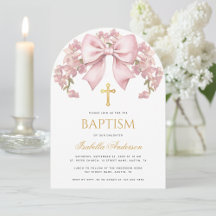 Girl Baptism Pink Bow Floral Elegant Gold Cross